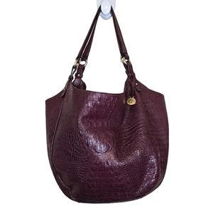 Brahmin Croc Embossed Large Hobo Leather Double Strap Shoulder Bag Wine READ